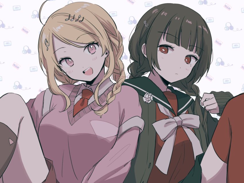 2girls :d ahoge akamatsu_kaede black_sailor_collar black_skirt blush braid breasts collared_shirt danganronpa_(series) danganronpa_v3:_killing_harmony fortissimo hair_ornament hairclip harukawa_maki kneehighs large_breasts long_hair long_sleeves mole mole_under_eye multiple_girls musical_note musical_note_hair_ornament necktie open_mouth pink_eyes pink_sweater_vest red_eyes red_necktie red_shirt red_thighhighs sailor_collar shirt sitting skirt smile socks sweater_vest teeth thighhighs tongue twintails upper_teeth_only white_background yasushi_(yssm8)