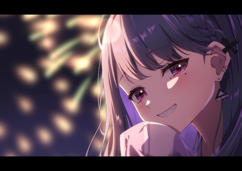 1girl absurdres akashi_(4kc_27) barbell_piercing black_bow blue_hair blurry blurry_background blush bow braid close-up colored_inner_hair diamond-shaped_pupils diamond_(shape) ear_piercing earrings fireworks french_braid grin hair_bow hair_ornament highres japanese_clothes jewelry kimono koshimizu_toru letterboxed long_hair long_sleeves looking_at_viewer mole mole_under_eye multicolored_hair night nijisanji piercing purple_eyes purple_hair purple_kimono sleeves_past_fingers sleeves_past_wrists smile solo symbol-shaped_pupils triangle_earrings triangle_hair_ornament virtual_youtuber