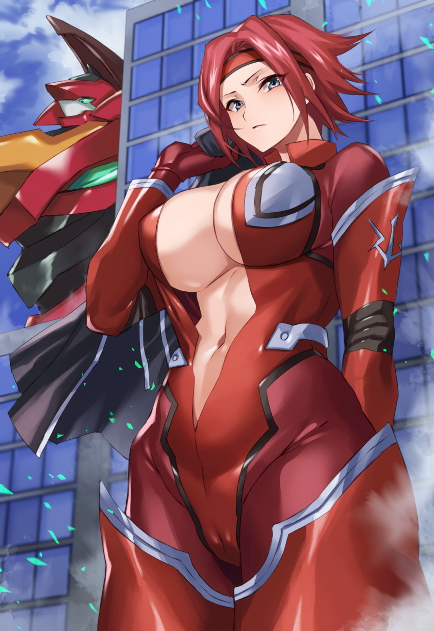 1girl blue_eyes blush bodysuit breasts building cameltoe cleavage code_geass guren_(code_geass) guren_mk-ii headband highres hikari_(komitiookami) knights_of_the_round_uniform kouzuki_kallen large_breasts looking_at_viewer mecha navel open_bodysuit open_clothes pilot_suit red_bodysuit red_hair robot shiny_clothes