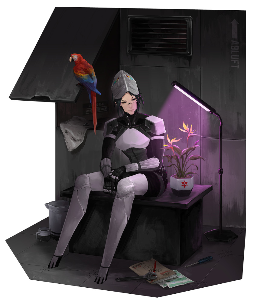 1girl ara_(signalis) armor bird black_hair bodysuit border breastplate full_body german_text gloves grey_hat hat highres macaw nixaluminos no_feet parrot plant red-and-green_macaw screwdriver short_hair signalis sitting solo white_border wrench