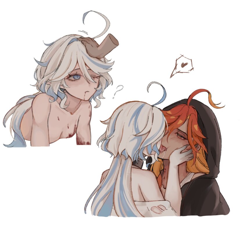 2girls ? ahoge alternate_skin_color bare_shoulders bite_mark bite_mark_on_neck black_robe blood blood_from_mouth blood_on_arm blood_on_chest blue_eyes blue_hair blush breasts collarbone commentary dark-skinned_female dark_skin drop-shaped_pupils eni_(enidaisy69) french_kiss from_behind furina_(genshin_impact) genshin_impact hair_between_eyes half-closed_eyes hand_on_another&#039;s_head hands_on_another&#039;s_face hashtag-only_commentary headpat heart highres hood hood_up kiss long_hair looking_at_another looking_at_viewer looking_to_the_side looking_up mavuika_(genshin_impact) multicolored_hair multiple_girls one_eye_closed orange_eyes parted_lips pointy_ears ponytail red_hair robe saliva shirt simple_background small_breasts spoken_heart symbol-only_commentary symbol-shaped_pupils tongue tongue_out topless_female torn_clothes torn_shirt two-tone_hair upper_body vampire white_background white_hair white_shirt yuri