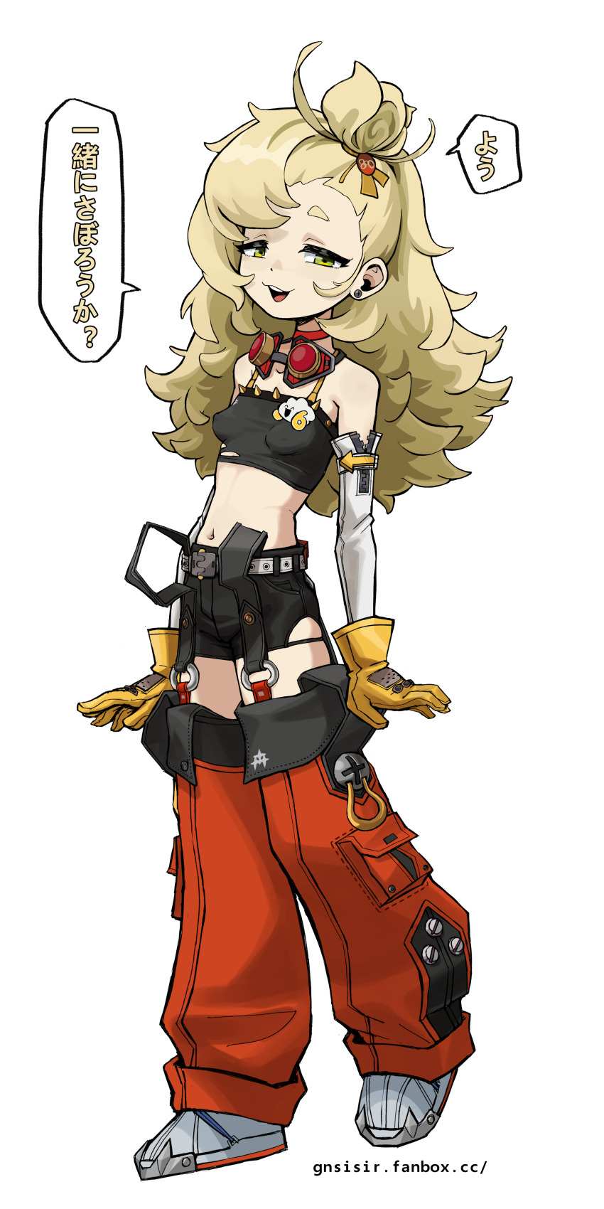 1girl :3 absurdres belt black_shirt black_shorts blonde_hair breasts choker commentary crop_top detached_pants detached_sleeves earrings full_body gloves gnsisir goggles goggles_around_neck green_eyes grey_belt hair_bun hair_ornament hairclip half-closed_eyes highres jewelry long_hair looking_at_viewer messy_hair navel pants piper_wheel pixiv_username red_choker red_pants shirt short_shorts shorts single_hair_bun small_breasts smile solo speech_bubble spiked_shirt standing stomach thighs translation_request white_background white_footwear white_sleeves yellow_gloves zenless_zone_zero zipper