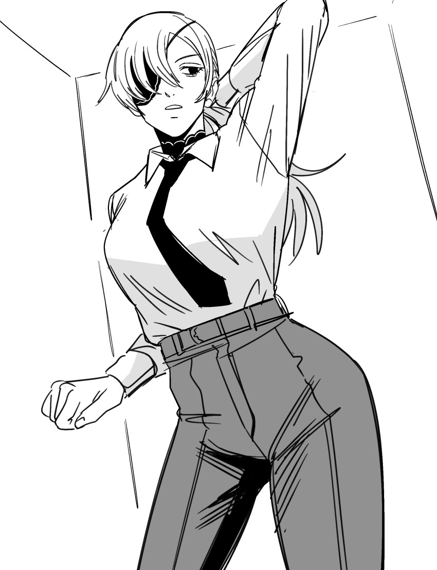absurdres arm_up breasts chainsaw_man choker curvy eyepatch formal_clothes highres kei_dragonsheaven looking_to_the_side monochrome necktie office_lady open_mouth pants ponytail quanxi_(chainsaw_man) shirt simple_background suit tagme thighs white_background white_hair white_shirt