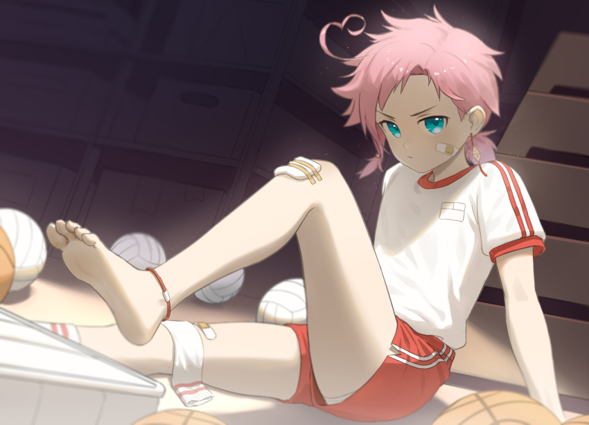 1boy absurdres ahoge anklet ball bandaid bandaid_on_cheek bandaid_on_face bandaid_on_leg barefoot basketball_(object) blue_eyes box briefs child closed_mouth commentary_request double_vertical_stripe ear_piercing earrings elementary_schoolboy feet foot_focus foot_out_of_frame foot_up frown gauze gym_shirt gym_shorts gym_storeroom gym_uniform heart heart_ahoge highres indoors jewelry knee_up legs looking_at_viewer luye_yuan mahjong_soul male_focus male_underwear male_underwear_peek original paid_reward_available piercing pink_hair ponytail qi_xi red_shorts shelf shirt short_bangs short_hair short_ponytail short_shorts short_sleeves shorts single_sock single_sock_removed sitting soccer_ball socks soles solo solo_focus t-shirt toes underwear underwear_peek unworn_clothes unworn_socks v-shaped_eyebrows vaulting_horse volleyball_(object) white_briefs white_male_underwear white_shirt white_socks