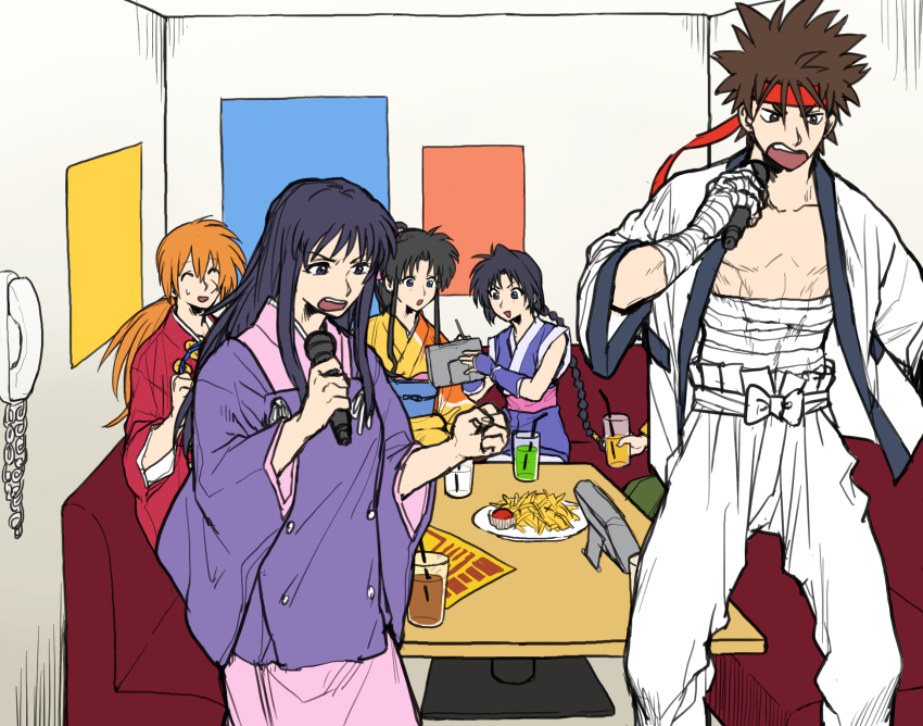 3boys 3girls bandaged_arm bandaged_hand bandages black_hair blue_kimono braid braided_ponytail brown_hair closed_mouth commentary_request cross_scar cup drinking_straw fast_food feet_out_of_frame food french_fries hair_ribbon headband highres himura_kenshin holding holding_cup holding_microphone indoors japanese_clothes kamiya_kaoru karaoke kimono long_hair low_ponytail makimachi_misao mame_moyashi microphone multiple_boys multiple_girls myoujin_yahiko ninja open_clothes open_mouth open_shirt orange_hair pants pectorals pink_kimono pink_ribbon ponytail red_headband red_kimono ribbon rurouni_kenshin sagara_sanosuke sash scar short_hair sidelocks sitting sleeveless sleeveless_kimono spiked_hair standing sweatdrop takani_megumi white_pants yellow_kimono