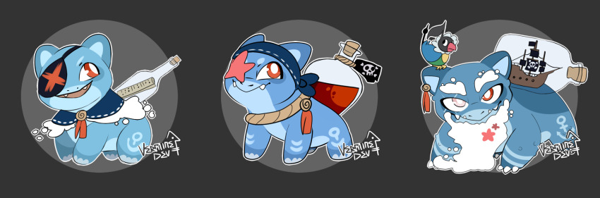 adoptable alternate_color beard blind_eye bright_pupils bulbasaur capelet chatot closed_mouth earrings eyepatch facial_hair full_body gen_1_pokemon gen_4_pokemon grey_background highres ivysaur jewelry jolly_roger long_beard message_in_a_bottle nintendo no_humans pokemon pokemon_(creature) red_eyes rum ship_in_a_bottle signature single_earring starfish venusaur verminedev white_pupils