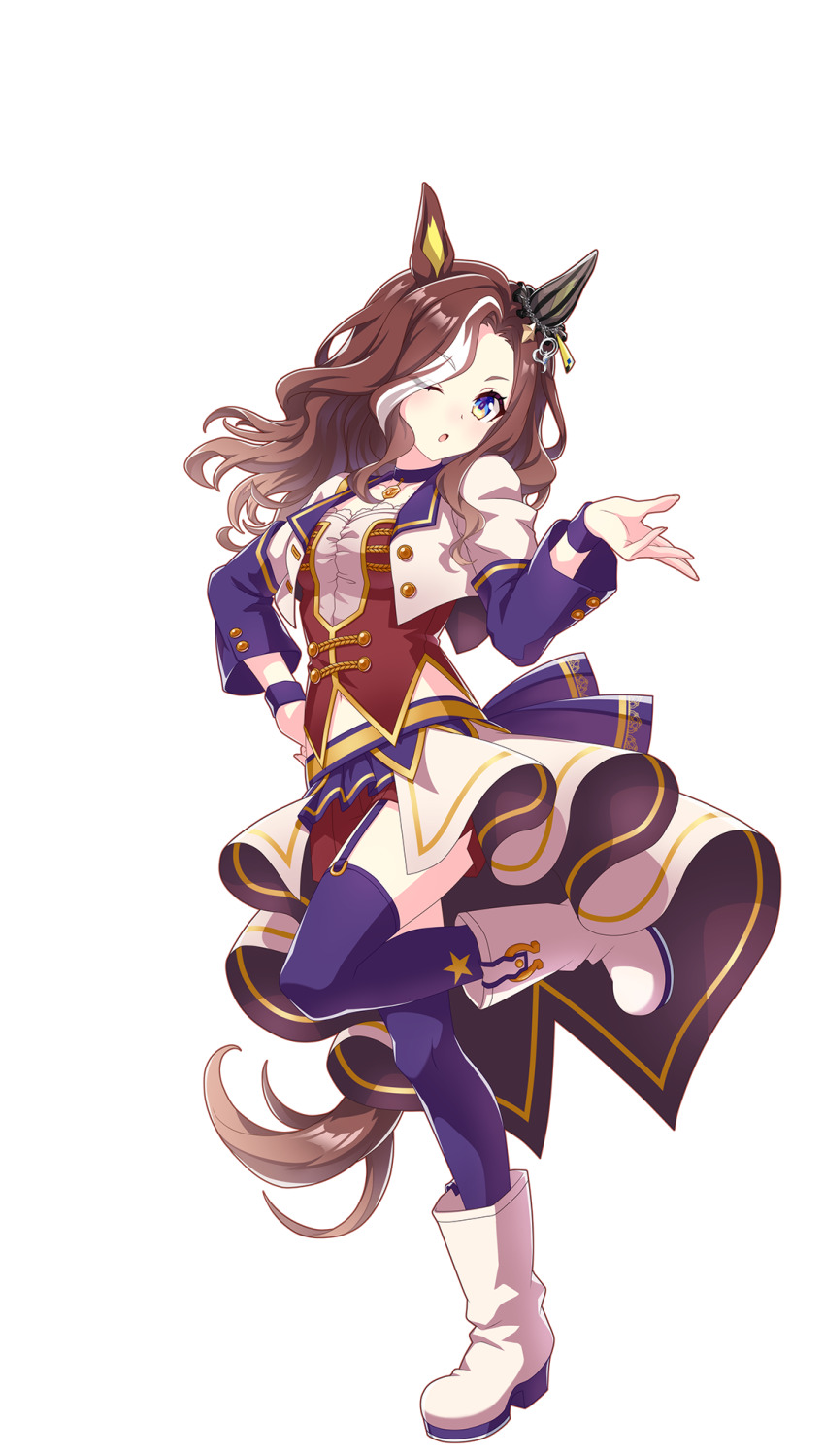 1girl animal_ears back_ribbon blue_eyes breasts brown_hair collarbone daring_heart_(umamusume) ear_ornament full_body hair_ornament hand_on_own_hip highres horse_ears horse_girl horse_tail horseshoe_ornament long_hair looking_at_viewer medium_breasts midriff multicolored_hair navel official_art one_eye_closed open_mouth ribbon shoes solo standing standing_on_one_leg star_(symbol) star_print starting_future_(umamusume) streaked_hair tail thighhighs thighs transparent_background umamusume white_hair white_shoes wristband