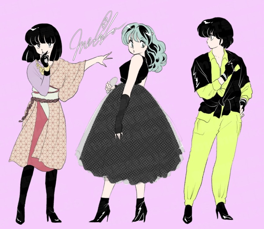 3girls bare_shoulders black_dress black_eyes black_gloves black_hair black_shirt black_socks commentary_request dress fingerless_gloves fujinami_ryuunosuke full_body gloves green_eyes green_hair green_pants green_shirt hand_on_own_hip high_heels holding holding_microphone jewelry long_hair lum mendako_da microphone miyake_shinobu multiple_girls pants pink_background print_robe robe shirt short_hair signature simple_background socks standing urusei_yatsura