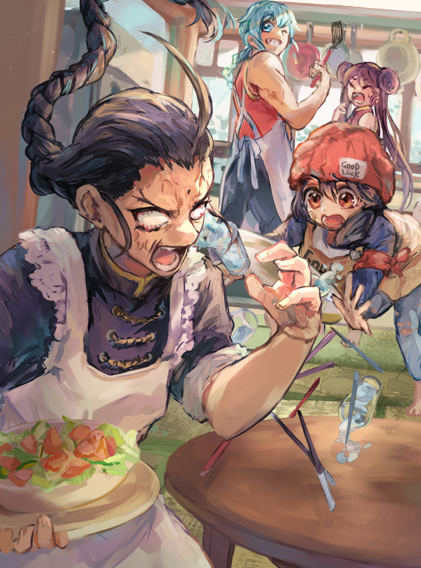 2boys 2girls :d :o absurdres ahoge anger_vein apron armband black_hair blue_hair braid clumsy cooking cup double_bun feng_(undead_unluck) hair_bun hat highres indoors izumo_fuuko kushiro_(kushiro46) mui_(undead_unluck) multiple_boys multiple_girls one_eye_closed open_mouth purple_hair red_eyes red_hat red_shirt salad shen_(undead_unluck) shirt skullcap smile spatula table twintails undead_unluck waitress white_eyes