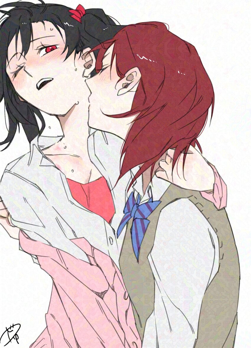 2girls adversarial_noise arm_around_neck black_hair blue_bow blue_bowtie blush bow bowtie brown_sweater_vest cardigan closed_eyes collared_shirt commentary hashtag-only_commentary highres kiss kissing_neck love_live! love_live!_school_idol_project medium_hair multiple_girls nishikino_maki one_eye_closed open_mouth otonokizaka_school_uniform pink_cardigan red_eyes red_hair school_uniform shirt simple_background surfacedxxc sweat sweater_vest twintails white_background white_shirt yazawa_nico yuri