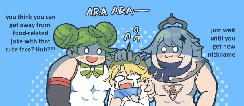 1boy 2girls :3 :d :o ai-chan_(honkai_impact) black_scarf blonde_hair blue_background boots closed_eyes closed_mouth company_connection crossover crying crying_with_eyes_open davis_(tears_of_themis) double_bun dress genshin_impact green_hair grey_necktie grey_vest grin hair_bun halo hand_on_another&#039;s_head highres holding holding_tablet_pc honkai_(series) honkai_impact_3rd long_hair long_sleeves middle_finger mihoyo multiple_girls muscular muscular_female necktie open_mouth paimon_(genshin_impact) paipaimonmon polo_shirt scarf short_hair simple_background sleeveless sleeveless_dress smile tablet_pc tears tears_of_themis vest white_dress white_footwear white_hair white_sleeves