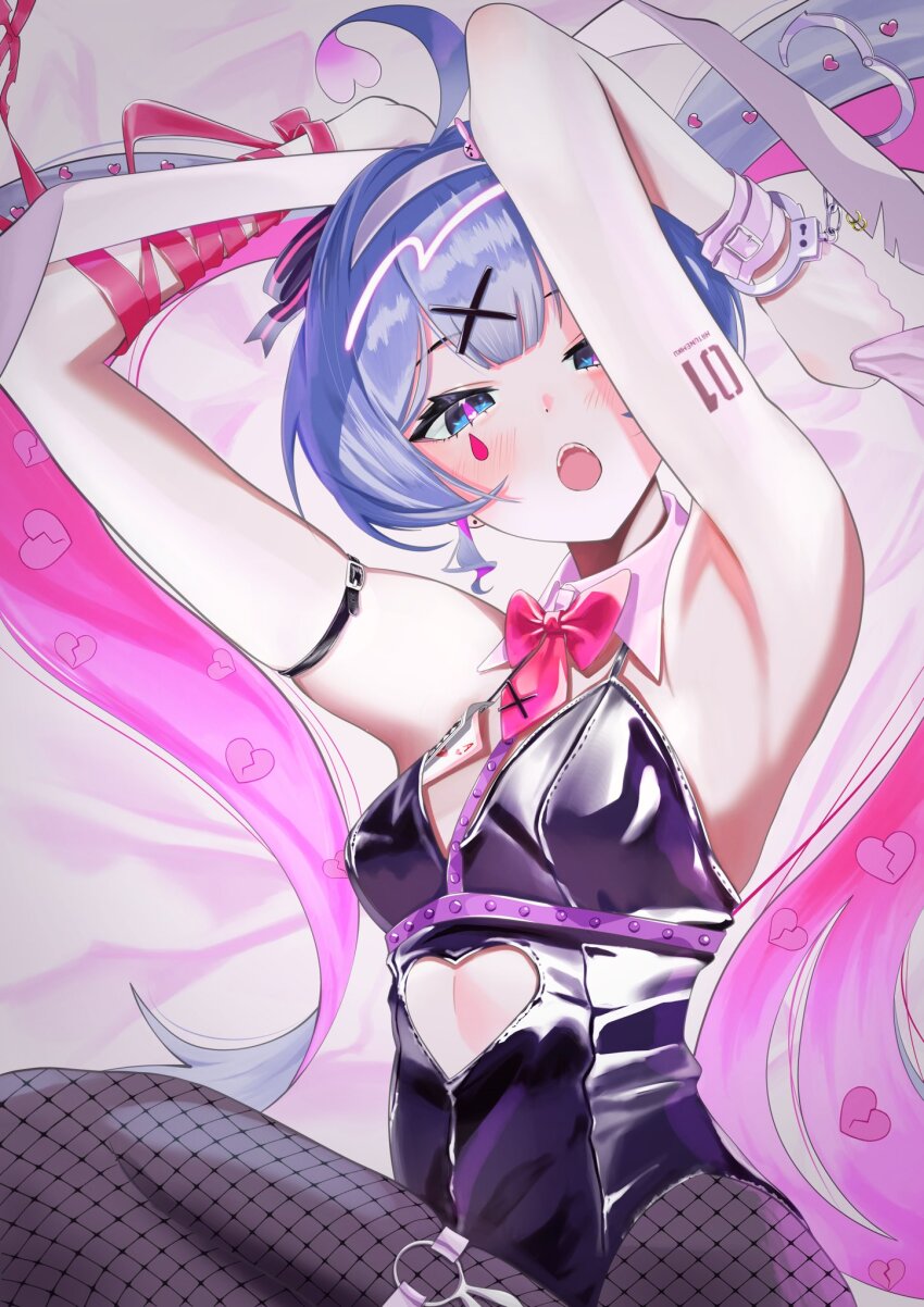 1girl ace_(playing_card) ahoge animal_ear_piercing animal_ears arm_strap armpits arms_up black_leotard blue_eyes blue_hair blush bow bowtie broken_heart card clothing_cutout colored_inner_hair cuffs cutout_above_navel detached_collar fake_animal_ears fishnet_pantyhose fishnets hair_ornament handcuffs hatsune_miku heart heart-shaped_pupils heart_ahoge heart_cutout highres hxk4_n leotard long_hair looking_at_viewer multicolored_hair number_tattoo o-ring o-ring_thigh_strap object_in_bra open_mouth pantyhose pink_bow pink_bowtie pink_hair pink_pupils pink_ribbon playboy_bunny playing_card rabbit_hole_(vocaloid) rabbit_o-ring ribbon sidelocks single_wrist_cuff solo symbol-shaped_pupils tattoo teardrop_facial_mark teeth thigh_strap twintails upper_teeth_only vocaloid wrist_cuffs x_hair_ornament