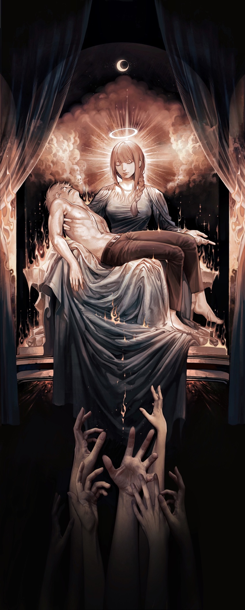 1boy 1girl absurdres bead_necklace beads braid braided_ponytail carrying chainsaw_man closed_eyes cloud crescent_moon curtains dark denji_(chainsaw_man) disembodied_hand fine_art_parody gold_aura grey_robe hair_over_shoulder halo highres huli_xiaobai jewelry makima_(chainsaw_man) medium_hair monochrome moon necklace parody pieta pile_of_skulls reverse_princess_carry robe sepia short_hair sidelocks sitting skull sunburst topless_male