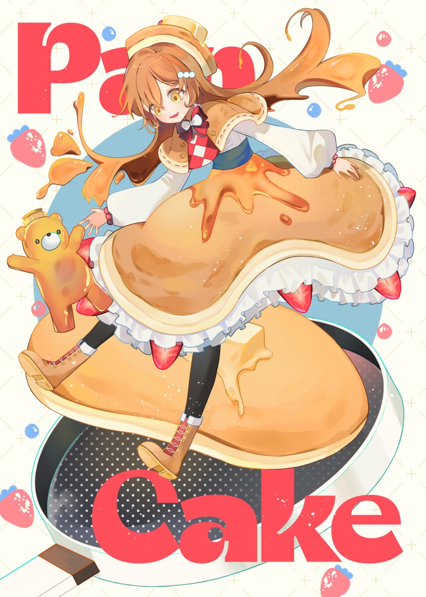 1girl absurdres bear boots brown_capelet brown_dress brown_hair brown_hat butter capelet commentary dress english_commentary food food-themed_hat food_name frilled_dress frills fruit frying_pan full_body gomgurim hair_ornament hat highres honey long_hair original pancake solo strawberry strawberry_slice very_long_hair yellow_eyes