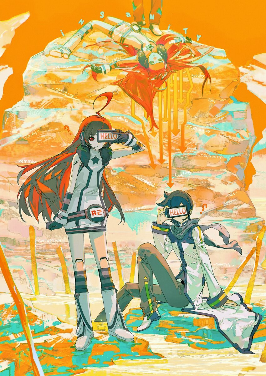 1boy 1girl :o ? absurdres ahoge beret_cj blue_hair blue_scarf brown_pants coat highres insanity_(vocaloid) kaito_(vocaloid) long_hair looking_at_viewer multiple_views no_mouth orange_eyes orange_hair pants parted_lips phone_over_face robot_girl scarf sf-a2_miki short_hair sitting song_name standing vocaloid white_coat
