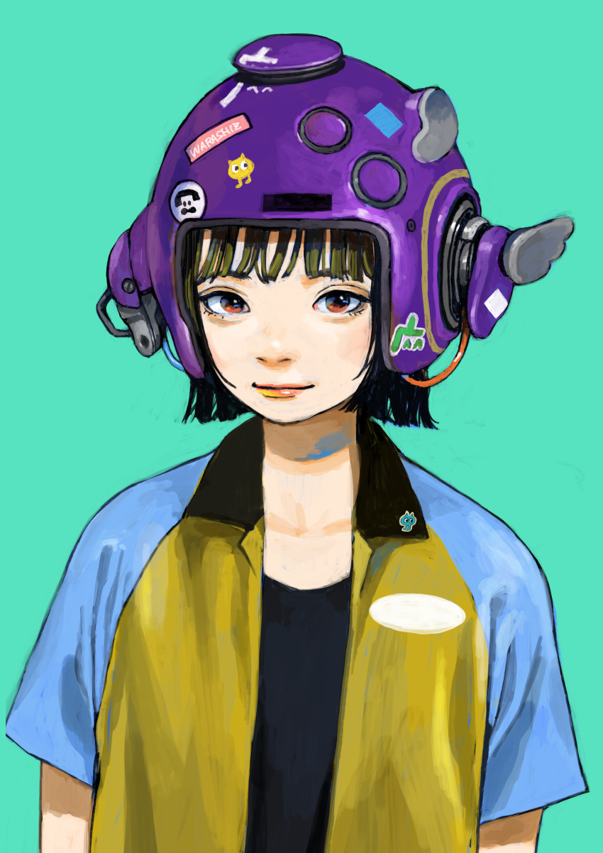 1girl absurdres aqua_background black_hair black_shirt commentary green_background helmet highres junjunforever looking_at_viewer original red_eyes shirt short_hair short_sleeves simple_background smile solo upper_body