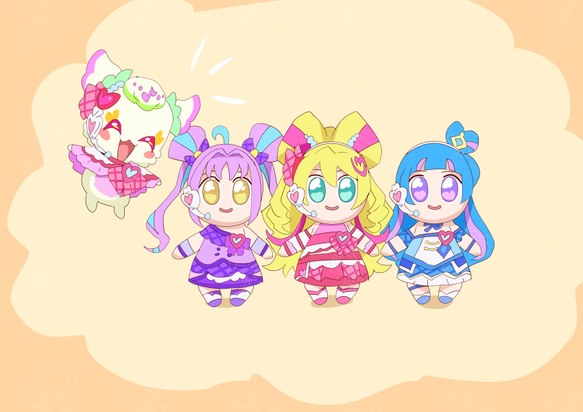 4girls absurdres bare_shoulders blonde_hair blue_hair cure_idol cure_kyunkyun cure_wink detached_sleeves doll dress fairy green_eyes highres kimi_to_idol_precure midriff multiple_girls off_shoulder otokamu precure purirun_(precure) purple_eyes purple_hair smile yellow_eyes