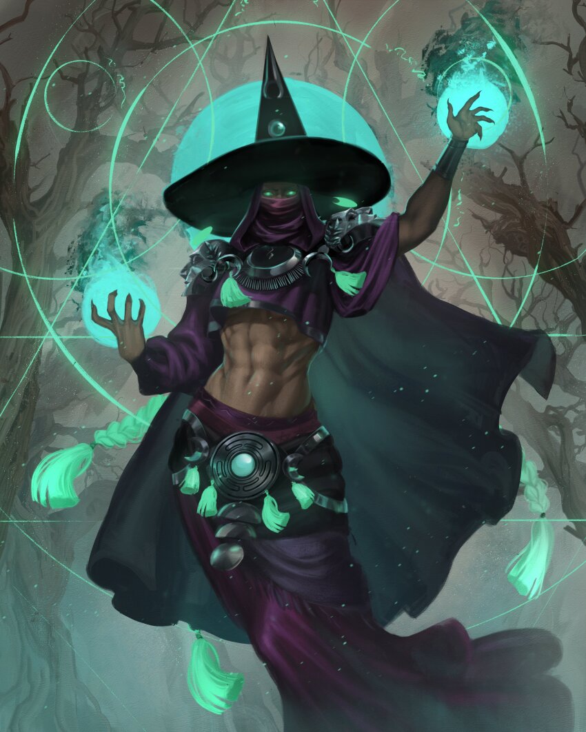 1girl abs absurdres armor breasts caio_santos colored_skin dark_skin glowing glowing_eyes hades_(series) hades_2 hat hecate_(hades) highres hood magic mask mouth_mask muscular muscular_female navel shoulder_armor tagme toned toned_female underboob witch_hat