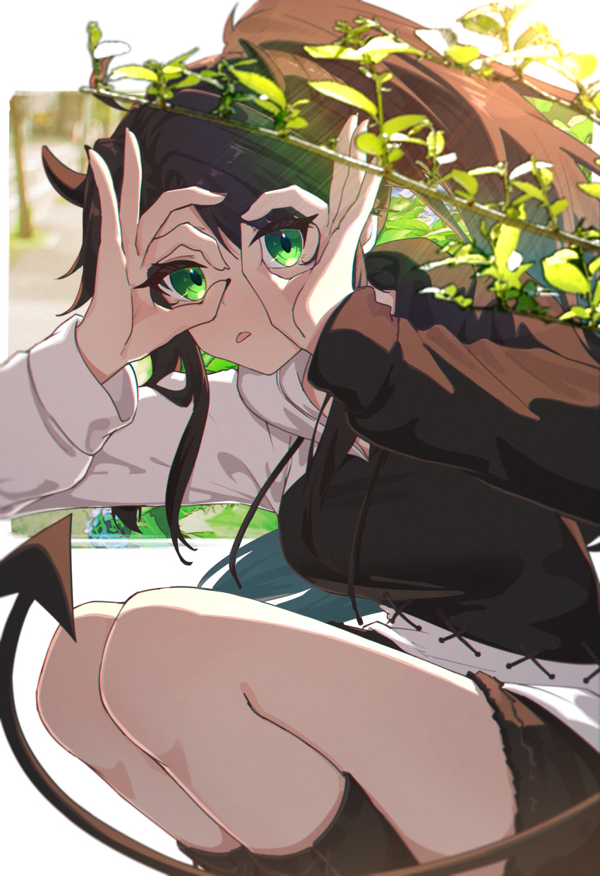 1girl absurdres black_hair black_hoodie commentary commission demon_girl demon_horns demon_tail double_ok_sign feet_out_of_frame green_eyes hand_glasses hands_up highres hood hood_down hoodie horns jl_tan long_hair long_sleeves looking_at_viewer ok_sign original pixiv_commission ponytail solo squatting tail tongue tongue_out two-tone_hoodie white_hoodie