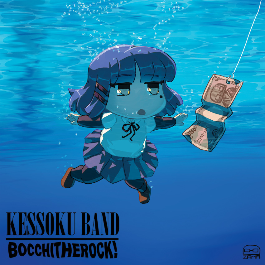 1girl air_bubble album album_art album_cover album_cover_redraw black_ribbon black_skirt blowing_bubbles blue_hair bocchi_the_rock! bubble collared_shirt cover derivative_work fish_hook hook mole mole_under_eye money neck_ribbon nevermind nirvana_(band) pantyhose ribbon school_uniform shimokitazawa_high_school_uniform shirt shoes short_hair skirt submerged swimming tacozama underwater white_shirt yamada_ryo yellow_eyes