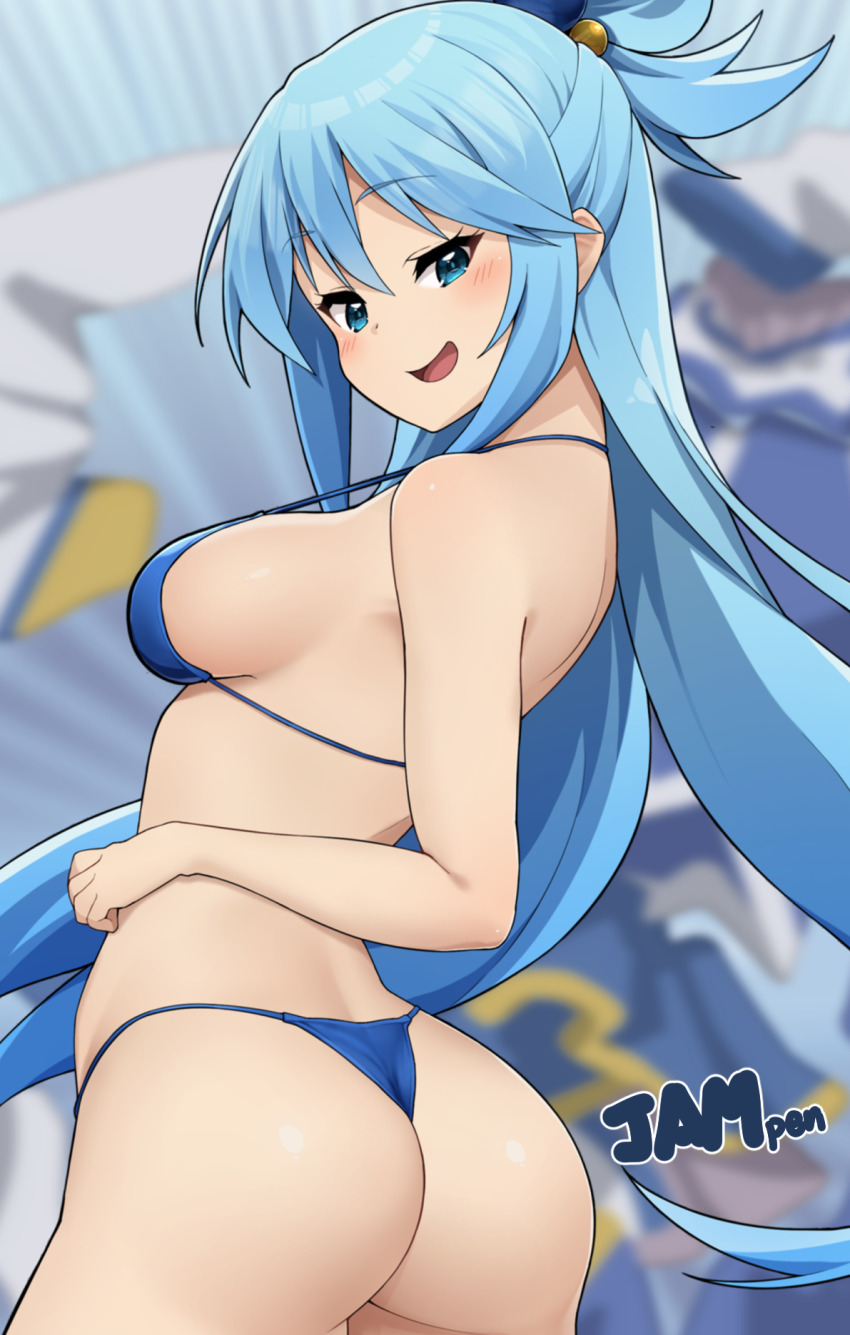 1girl aqua_(konosuba) ass bare_shoulders bikini blue_bikini blue_eyes blue_hair blurry blurry_background blush breasts hair_ornament hair_rings highres jampen kono_subarashii_sekai_ni_shukufuku_wo! large_breasts long_hair looking_at_viewer looking_back open_mouth single_hair_ring smile solo swimsuit