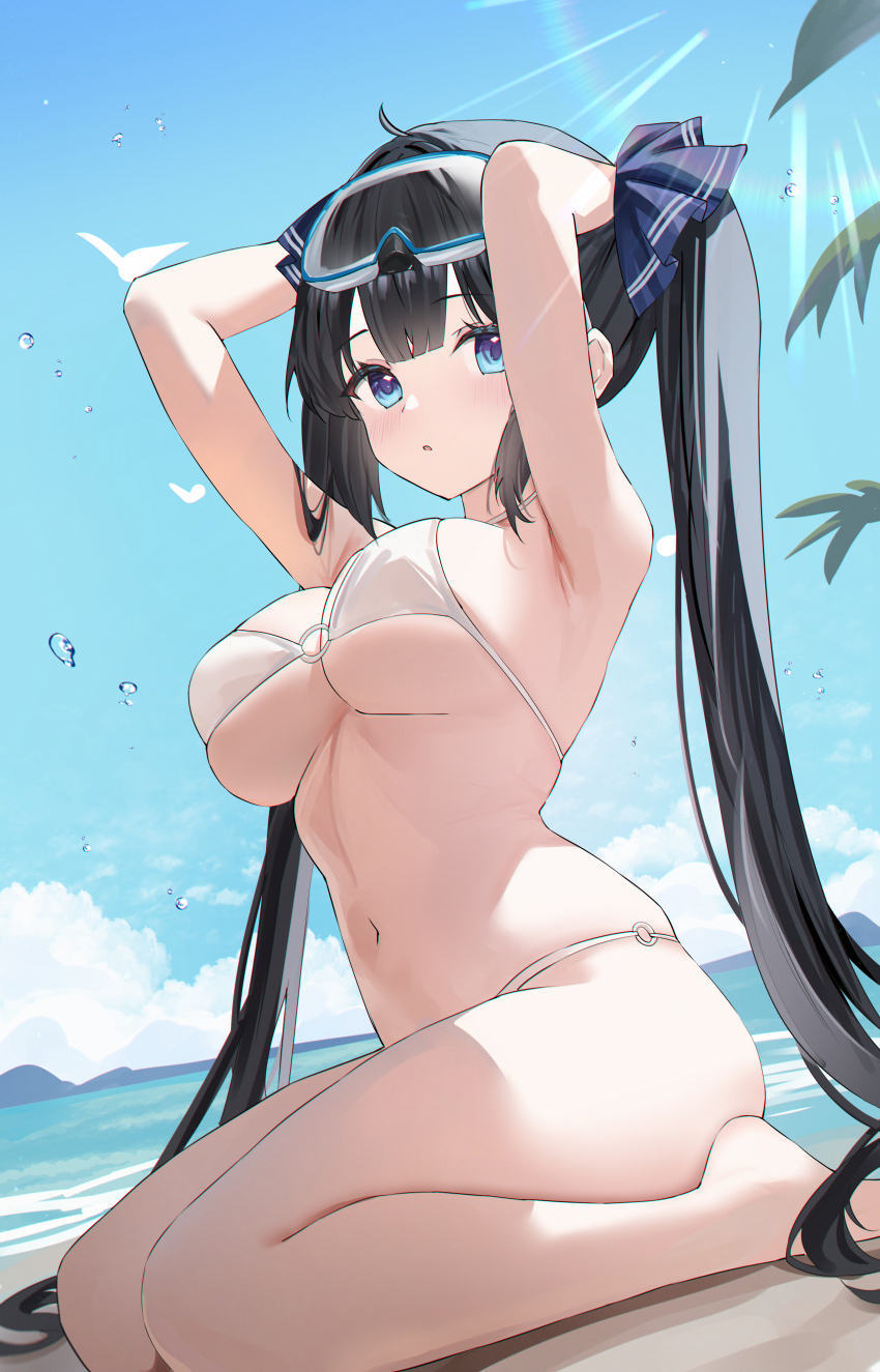 1girl absurdres armpits arms_up azur_lane bare_arms bare_legs barefoot beach bikini black_hair blue_eyes blue_ribbon breasts diving_mask diving_mask_on_head dungeon_ni_deai_wo_motomeru_no_wa_machigatteiru_darou_ka goggles goggles_on_head hair_ribbon hestia_(danmachi) hestia_(godly_vacation!)_(danmachi) highres large_breasts long_hair looking_at_viewer navel o-ring o-ring_bikini o-ring_bikini_bottom o-ring_top official_alternate_costume outdoors ribbon sitting solo stomach swimsuit thighs twintails underboob usagi_(786113654) very_long_hair white_bikini