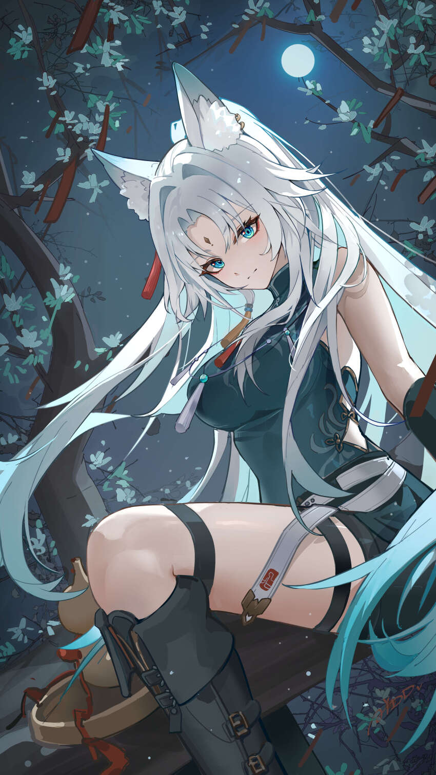 1girl absurdres ai_dongdong animal_ear_fluff animal_ears aqua_eyes black_boots black_shorts boots breasts chinese_commentary commentary_request feixiao_(honkai:_star_rail) fox_ears fox_girl green_shirt highres honkai:_star_rail honkai_(series) large_breasts long_hair looking_at_viewer night night_sky outdoors shirt shorts sitting sitting_on_branch sky solo thighs tree very_long_hair white_hair
