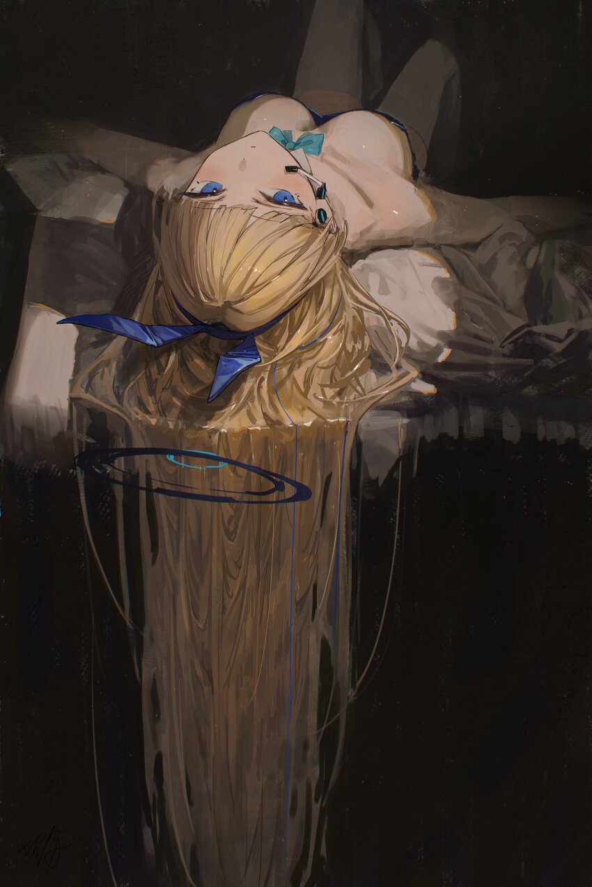 1girl absurdres animal_ear_hairband animal_ears aqua_bow aqua_bowtie blonde_hair blue_archive blue_eyes blue_hairband blue_halo blue_leotard blush bow bowtie breasts closed_mouth fake_animal_ears hair_flowing_over hair_focus hairband halo headset hidulume highres knees_up leotard long_hair looking_at_viewer lying medium_breasts official_alternate_costume on_back playboy_bunny rabbit_ears solo strapless strapless_leotard thighhighs toki_(blue_archive) toki_(bunny)_(blue_archive) very_long_hair white_thighhighs