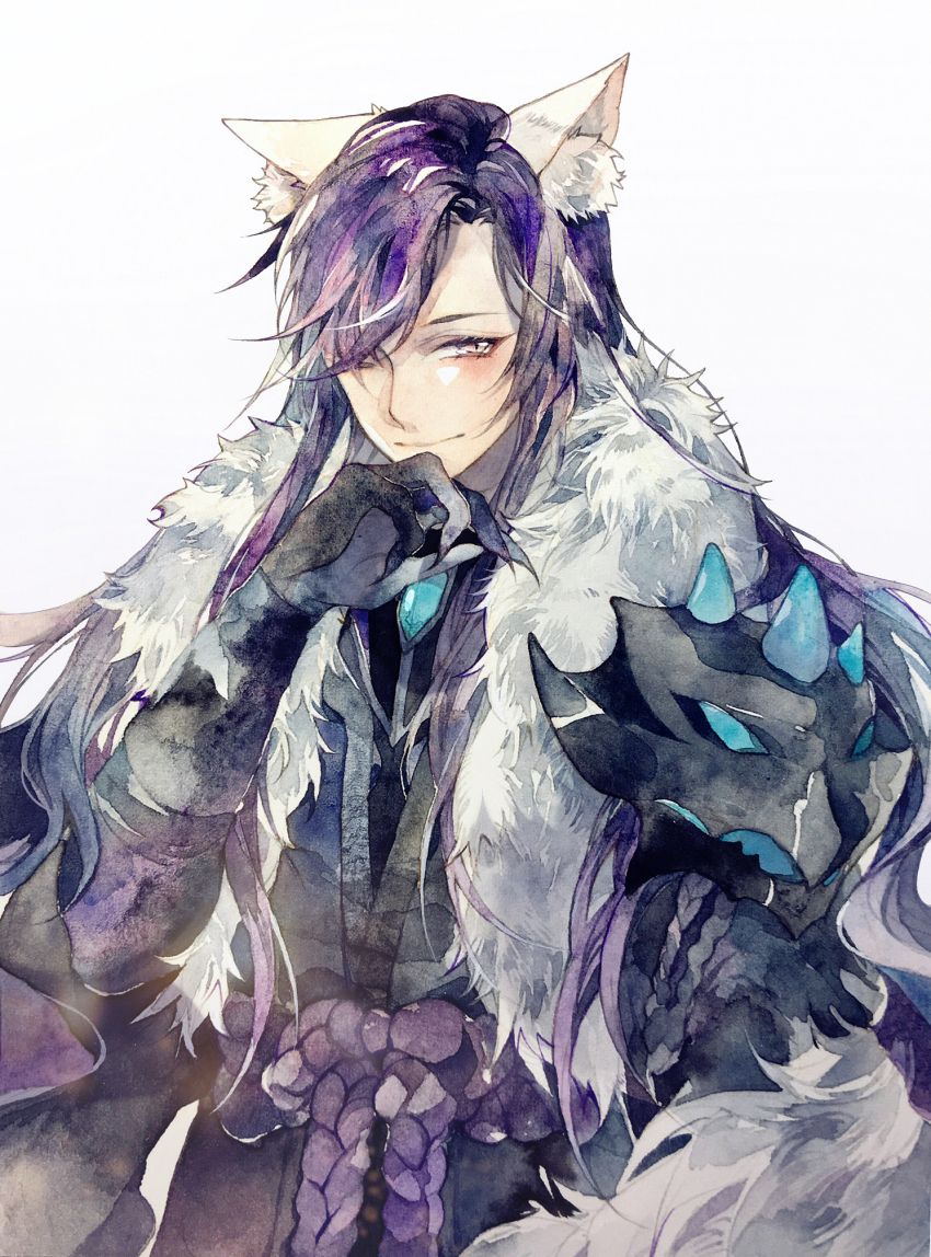 1boy animal_ears aqua_gemstone asymmetrical_bangs black_shirt character_request chest_jewel claws closed_mouth cowboy_shot curtained_hair fur_trim grey_eyes grey_hanfu hair_over_one_eye hair_over_shoulder helmet highres holding holding_helmet long_hair long_sidelocks looking_at_viewer male_focus one_eye_closed parted_bangs parted_hair purple_hair rope_belt shirt sidelocks simple_background slit_pupils smile solo suzumee three-quarter_sleeves vambraces wangzhe_rongyao white_background