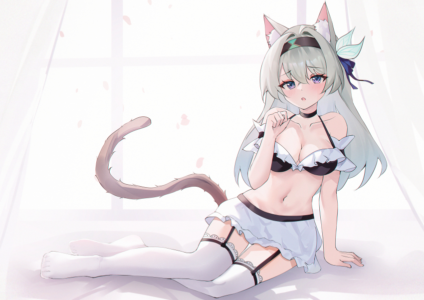 1girl :o absurdres animal_ears belly black_hairband blue_ribbon blush breasts cat_ears cat_tail curtains firefly_(honkai:_star_rail) garter_straps grey_hair hair_between_eyes hair_intakes hair_ornament hairband hand_on_bed highres honkai:_star_rail honkai_(series) medium_breasts multicolored_eyes navel open_mouth ribbon sitting tail thighhighs two-tone_eyes usagi_(786113654) white_thighhighs window