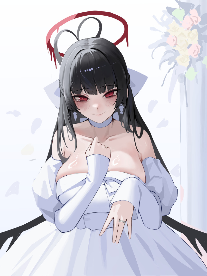 1girl absurdres antenna_hair bags_under_eyes black_hair black_wings blood blood_halo blue_archive blush bow bow_choker breasts choker collarbone dress halo highres jewelry large_breasts liquid_halo long_hair looking_at_viewer low_wings melting_halo musclexm red_eyes red_halo ring smile solo tearing_up tears tsurugi_(blue_archive) tsurugi_(dress)_(blue_archive) wedding_dress wedding_ring white_choker white_dress wings