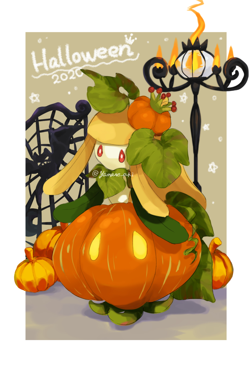 aki_yamane border chandelure commentary_request crobat fire full_body gen_2_pokemon gen_5_pokemon halloween highres lamppost leaf lilligant nintendo no_humans pokemon pokemon_(creature) red_eyes solo star_(symbol) white_border