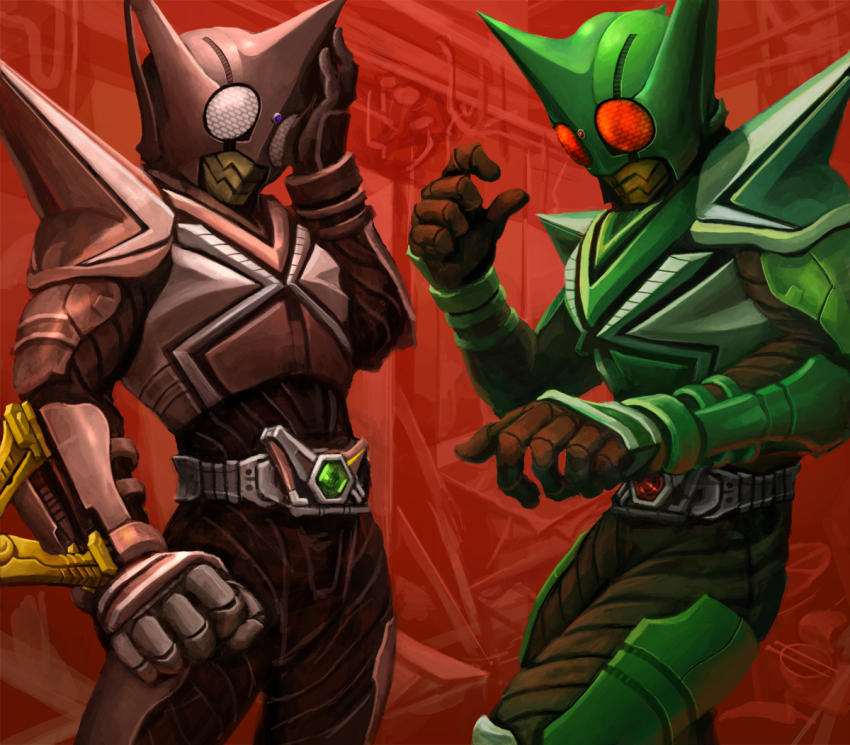 2boys belt black_bodysuit bodysuit buckle cowboy_shot kamen_rider kamen_rider_kabuto_(series) kamen_rider_kick_hopper kamen_rider_punch_hopper karee multiple_boys red_background simple_background