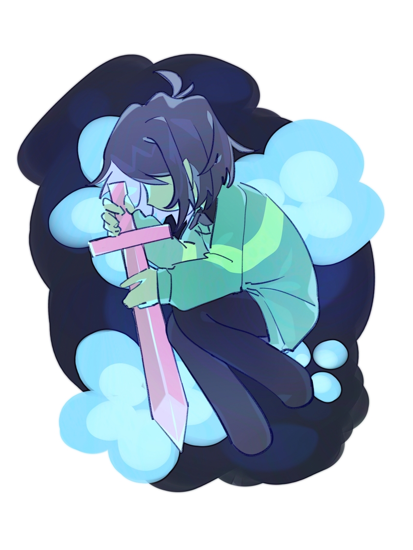 1other absurdres brown_hair chinese_commentary commentary_request deltarune fetal_position full_body green_sweater highres holding holding_sword holding_weapon kris_(deltarune) long_sleeves lv_chan_cat lying on_side other_focus short_hair solo sweater sword weapon