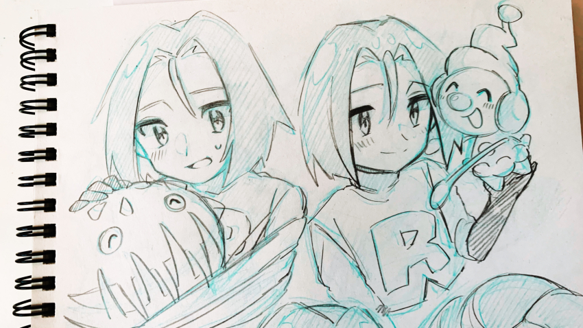 1boy absurdres carnivine gen_4_pokemon gloves graphite_(medium) highres hug james_(pokemon) mime_jr. nintendo pokemon pokemon_(anime) pokemon_(creature) sketch team_rocket team_rocket_uniform traditional_media white_background zou_jiang