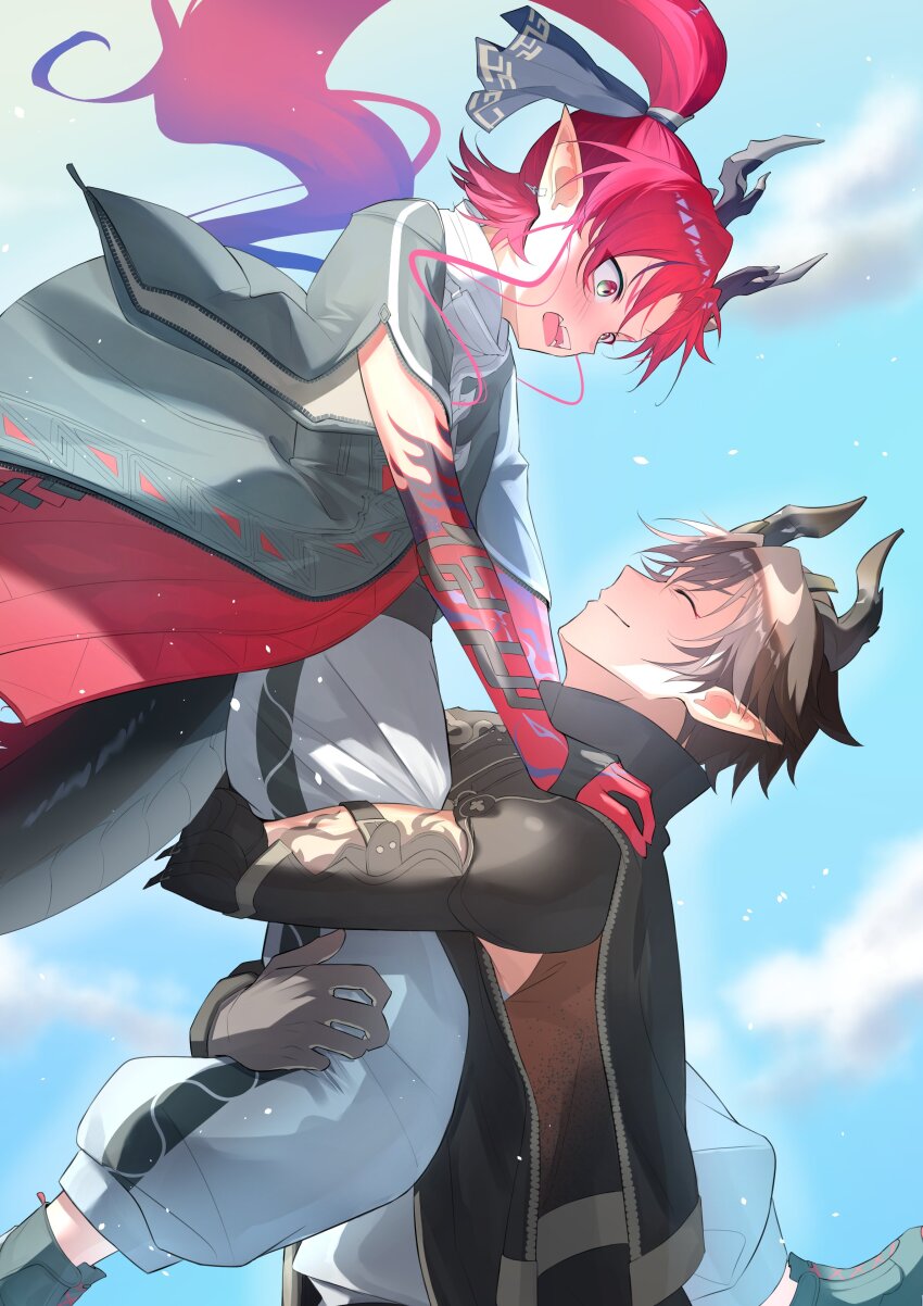 2boys absurdres arknights blue_sky blush carrying carrying_person chongyue_(arknights) closed_eyes cloud commentary_request dragon_boy dragon_horns facing_another fangs highres horns looking_at_another male_focus multiple_boys narshiyu open_mouth pointy_ears profile sky yu_(arknights)