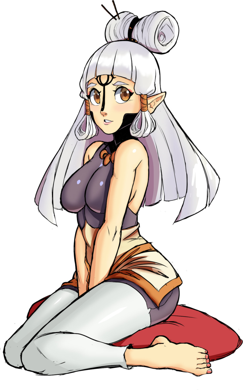 bare_shoulders barefoot brown_eyes facial_tattoo hands_on_lap highres nintendo paya_(zelda) pillow pointy_ears sheikah sitting skin_tight tattoo teevo the_legend_of_zelda the_legend_of_zelda:_breath_of_the_wild white_hair