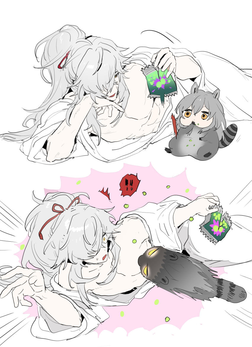 1boy 1girl animal_ears biting chinese_clothes dal-gi eating grey_hair hair_over_one_eye hanfu highres honkai:_star_rail honkai_(series) human_head jing_yuan long_hair lying male_focus nipple_biting nipple_stimulation on_side ponytail raccoon_ears raccoon_girl raccoon_tail simple_background stelle_(honkai:_star_rail) tail trailblazer_(honkai:_star_rail) white_background white_hanfu yellow_eyes