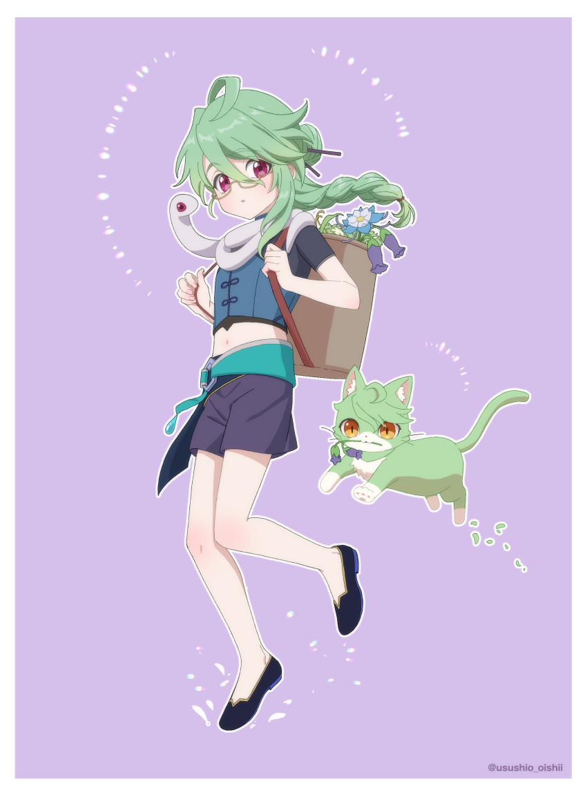 1boy absurdres aged_down ahoge animalization aqua_sash artist_name backpack_basket baizhu_(genshin_impact) basket black_shoes blue_flower blue_shirt border braid cat changsheng_(genshin_impact) child chinese_clothes closed_mouth commentary_request crop_top expressionless floating_hair flower flower_in_mouth genshin_impact glasses glaze_lily green_cat green_hair hair_between_eyes hair_bun hair_ornament hair_stick hair_tie hands_up highres long_hair looking_at_viewer male_focus midriff mouth_hold navel orange_eyes outline parted_bangs purple_background purple_flower purple_shorts red_eyes sash semi-rimless_eyewear shirt shoes short_shorts short_sleeves shorts simple_background single_braid single_hair_bun snake solo stomach swept_bangs twitter_username under-rim_eyewear usushio_oishii violetgrass white_border white_outline white_snake