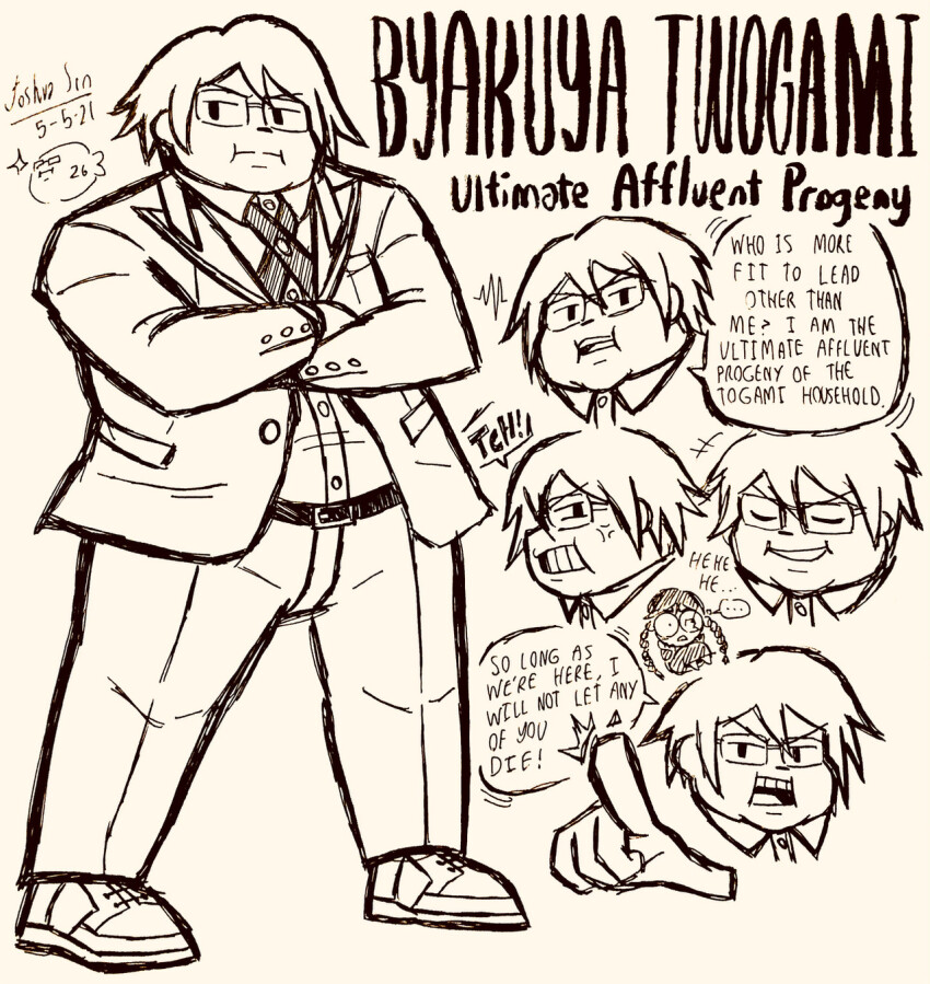 1boy 1girl anger_vein belt buttons character_name closed_eyes closed_mouth collared_jacket collared_shirt crossed_arms danganronpa:_trigger_happy_havoc danganronpa_(series) danganronpa_2:_goodbye_despair dated doodle_inset english_text fat fat_man from_side fukawa_toko full_body glasses greyscale hatching_(texture) highres jacket josh-s26 laughing long_hair long_sleeves male_focus monochrome multiple_views open_clothes open_jacket open_mouth pants pointing pointing_at_viewer round_eyewear shirt shoes short_hair signature simple_background smile speech_bubble standing teeth togami_byakuya_(danganronpa_2) twintails upper_teeth_only v-shaped_eyebrows white_background