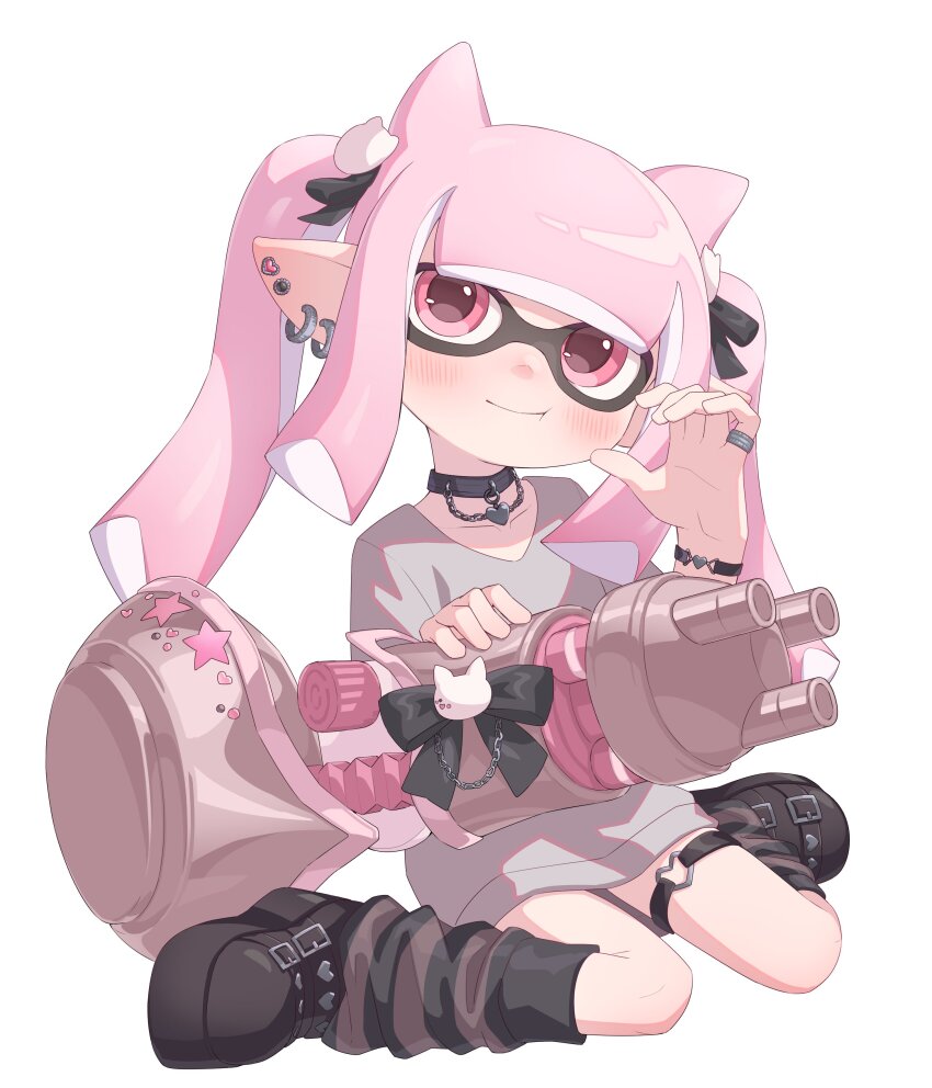 1girl absurdres alternate_color animal_ears black_bow black_shoes blush bow closed_mouth commentary ear_piercing earrings gakusei_noa grey_shirt highres holding holding_weapon hoop_earrings inkling inkling_girl inkling_player_character jewelry leg_warmers long_hair nautilus_(splatoon) nintendo piercing pink_hair pointy_ears red_eyes shirt shoes sidelocks simple_background sitting smile solo splatoon_(series) splatoon_3 symbol-only_commentary tentacle_hair twintails wariza weapon white_background