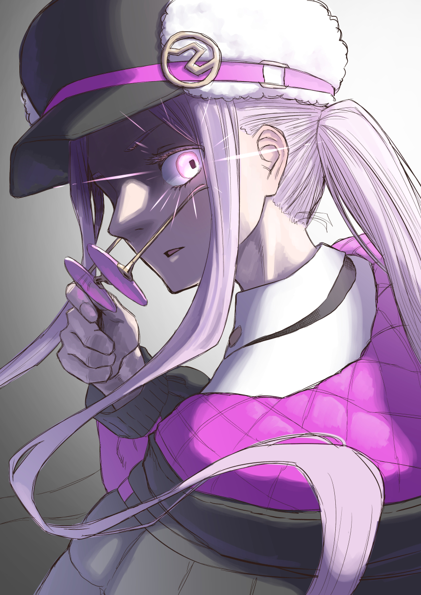 1girl absurdres black_hat black_jacket breaker_gorgon breasts newsboy_cap dress fate/grand_order fate_(series) fingernails glasses glowing_pupils gradient_background hat highres jacket large_breasts long_hair long_sidelocks long_sleeves looking_at_viewer medusa_(fate) medusa_(saber)_(fate) medusa_(saber)_(first_ascension)_(fate) nemaki_(nemaki87456) parted_lips pink-tinted_eyewear ponytail purple_eyes purple_hair removing_eyewear round_eyewear sidelocks solo square_pupils sunglasses tinted_eyewear twintails