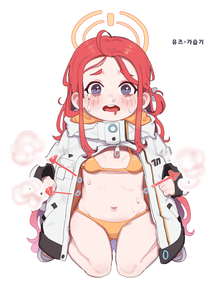 absurdres bikini bikini_under_clothes blue_archive blush breasts commentary drooling english_commentary full_body gluteal_fold halo highres jacket korean_text long_hair long_sleeves looking_at_viewer lulubelleiii mouth_drool navel open_mouth orange_bikini orange_halo purple_eyes red_hair round_teeth seiza simple_background sitting small_breasts steam straight-on swimsuit tears teeth upper_teeth_only white_background white_jacket yuzu_(blue_archive)