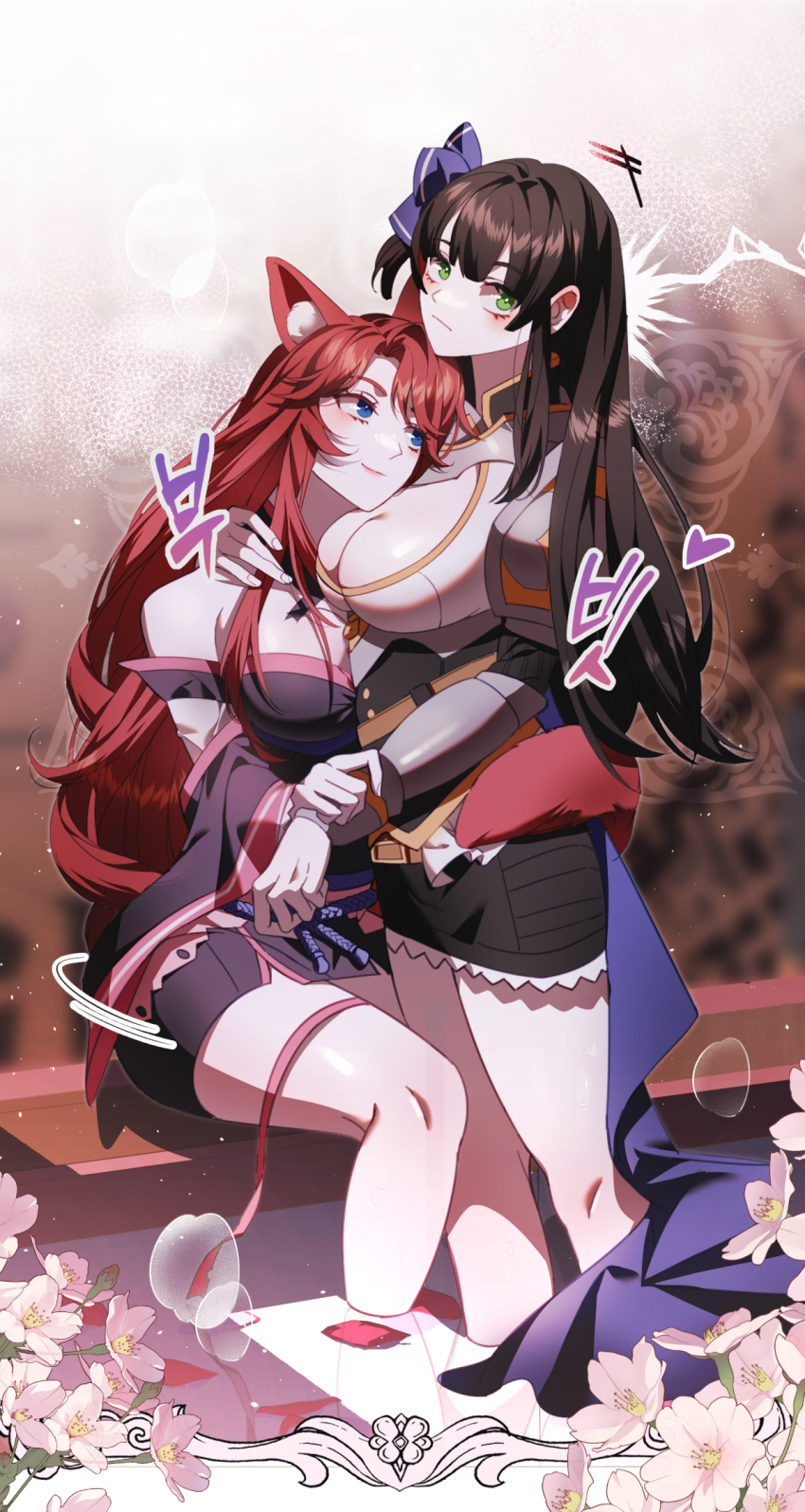 animal_ears bamen bow brown_hair ceri_(sakura_dungeon) commission commissioner_upload fox_ears fox_tail grabbing_another&#039;s_hand green_eyes hair_bow head_on_another&#039;s_chest highres hug japanese_clothes kimono non-web_source pink_hair sakura_dungeon standing standing_on_liquid tail yomi_(sakura_dungeon) yuri