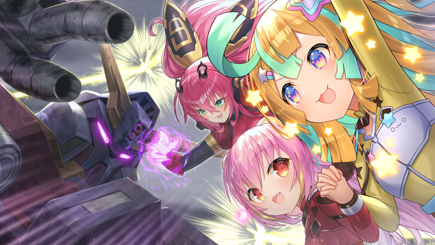 3girls :3 :d ahoge amakawa_hano aqua_hair arm_up bettle_(b_s_a_n) blonde_hair character_request fang flat_chest glowing glowing_hand grey_background gundam himekuma_ribon holding_hands long_hair low_twintails mecha multicolored_hair multiple_girls open_mouth pink_hair psyco_gundam_mk_ii re:act red_eyes robot short_hair smile star_(symbol) twintails two-tone_hair virtual_youtuber