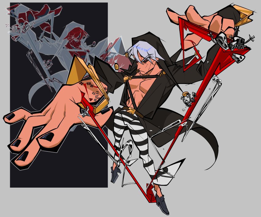 1boy absurdres bare_pectorals belt belt_buckle black_coat black_hood black_nails black_pants black_sclera black_shoes buckle coat colored_sclera commentary english_commentary full_body grey_background grey_hair highres jojo_no_kimyou_na_bouken long_coat long_sleeves male_focus metallica_(stand) open_clothes pants pectorals red_eyes risotto_nero shikinamisooryu shoes short_hair stand_(jojo) striped_clothes striped_pants vento_aureo white_pants zoom_layer