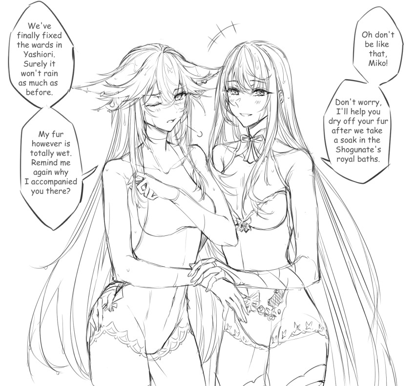 2girls animal_ears bare_arms blush bra breasts bridal_gauntlets commentary cowboy_shot english_commentary english_text fox_ears genshin_impact greyscale hand_on_another&#039;s_waist highres holding_another&#039;s_wrist looking_at_another medium_breasts mole mole_under_eye monochrome multiple_girls one_eye_closed parted_lips raiden_shogun sieka_(piiroinardesco) smile speech_bubble underwear wet wet_hair yae_miko yuri