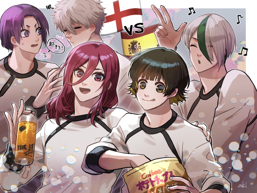 5boys bachira_meguru beamed_eighth_notes blue_lock bottle chigiri_hyoma closed_eyes colored_inner_hair eighth_note flag green_hair highres holding holding_bottle long_hair looking_at_viewer male_focus mikage_reo mizuhara_aki multicolored_hair multiple_boys musical_note nagi_seishirou open_mouth otoya_eita purple_hair red_eyes red_hair shirt snack spain_flag streaked_hair tongue tongue_out translation_request v white_hair white_shirt yellow_eyes