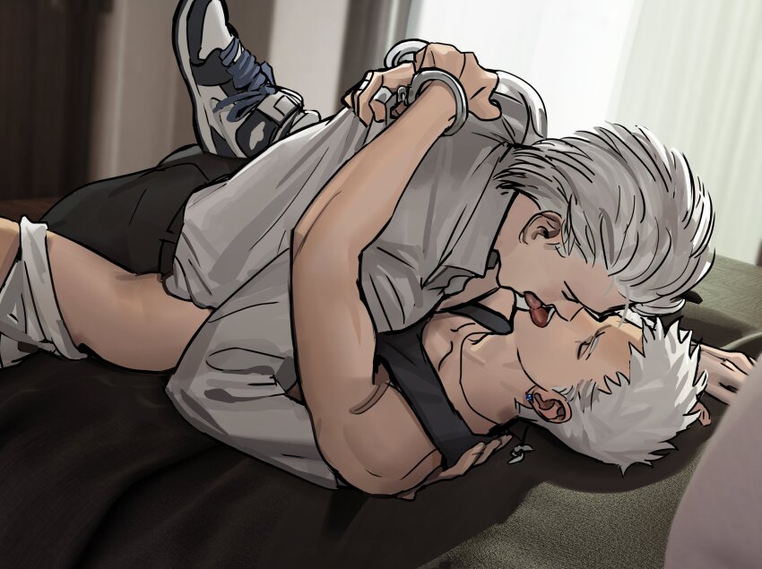 2boys arksia arms_around_neck bare_shoulders bed belt between_legs black_belt black_pants black_shirt bottomless closed_eyes collarbone collared_shirt cuffs curtains devil_may_cry_(series) devil_may_cry_5 dress_shirt father_and_son french_kiss hair_slicked_back hand_on_another&#039;s_shoulder handcuffs highres incest jewelry kiss lying male_focus multiple_boys multiple_rings nero_(devil_may_cry) on_back pants ring shirt shoelaces shoes short_hair sneakers tank_top vergil_(devil_may_cry) white_hair white_shirt yaoi