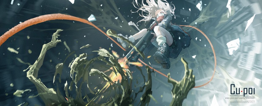 1girl absurdres airborne benelli_m4_super_90 black_footwear blonde_hair blue_eyes boots chigalidepoi firing floating_hair fur-trimmed_boots fur_trim gun highres holding holding_gun holding_weapon impasto long_hair original red_scarf scarf shotgun solo_focus v-shaped_eyebrows watermark weapon web_address